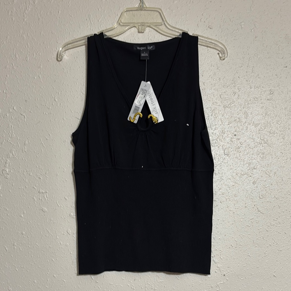 August Silk Black Sleeveless Tank Top with Geometric Design